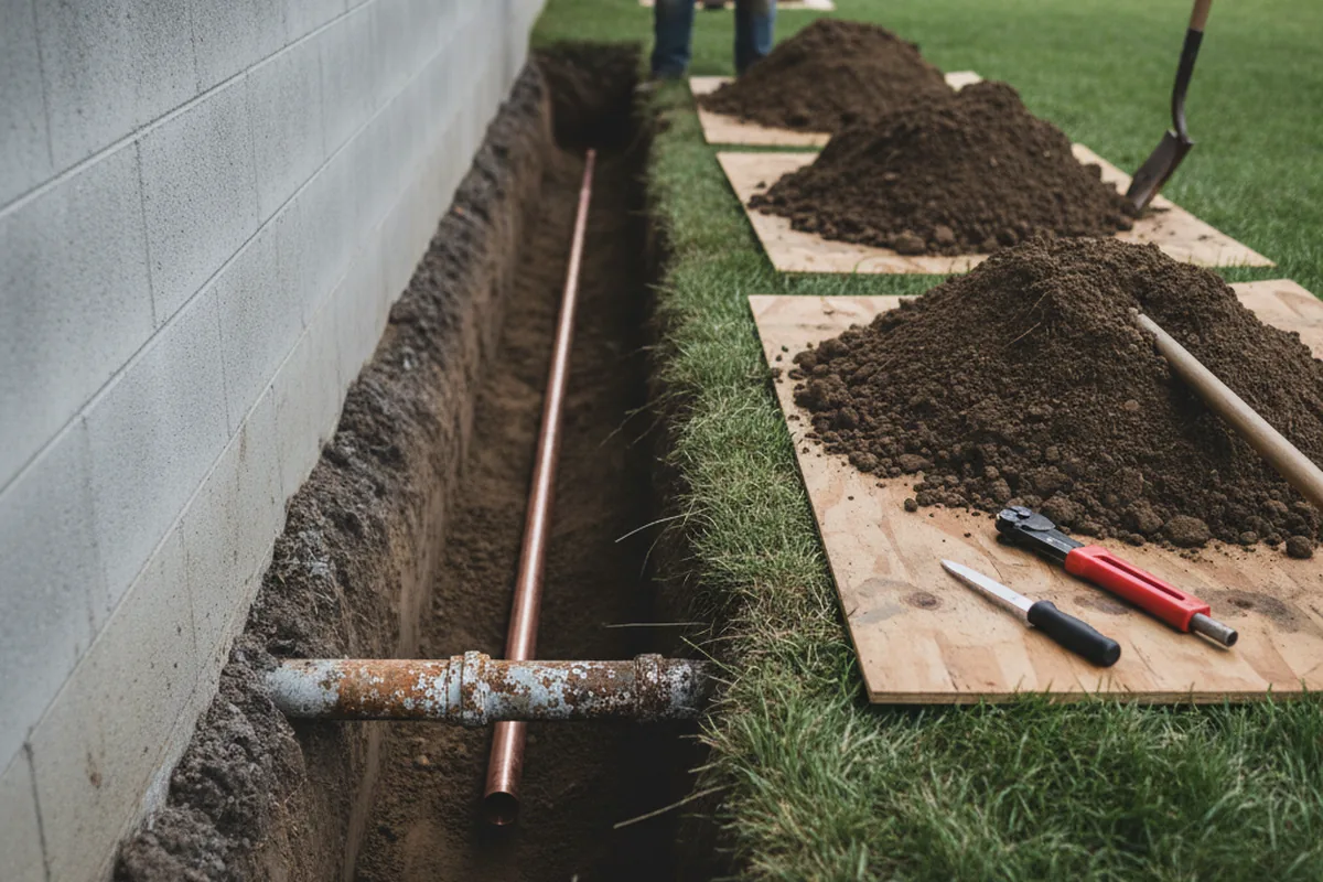 Excavated water line trench during Water Softener Installation in Rock City